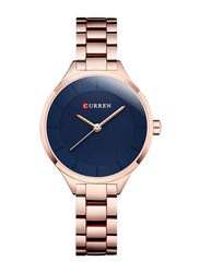 Curren Analog Watch for Women with Stainless Steel Band, Water Resistant, 9015, Gold-Blue