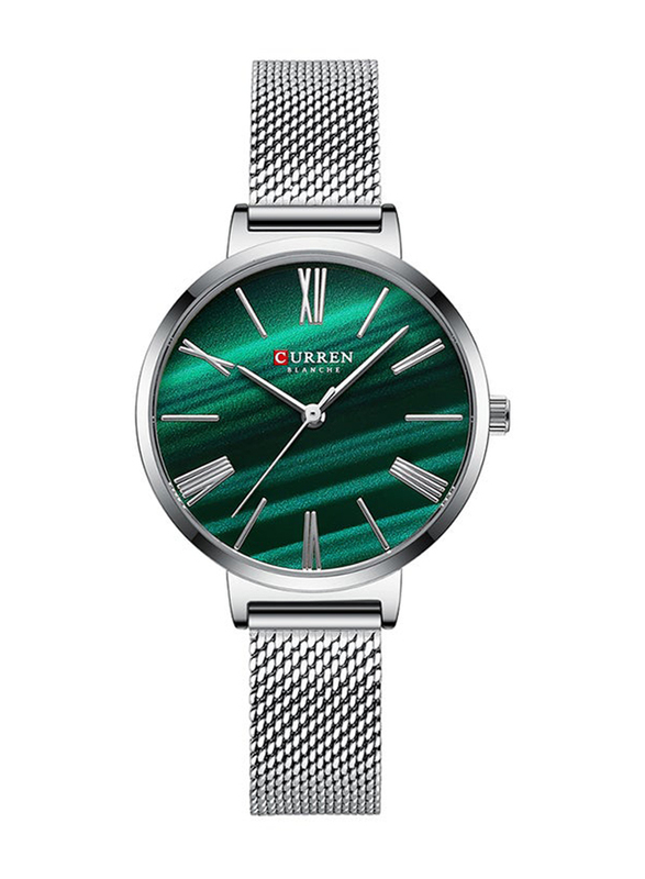 Curren Analog Watch for Women with Stainless Steel Band, Water Resistant, 9076-1, Green-Silver