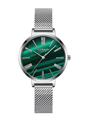 Curren Analog Watch for Women with Stainless Steel Band, Water Resistant, 9076-1, Green-Silver