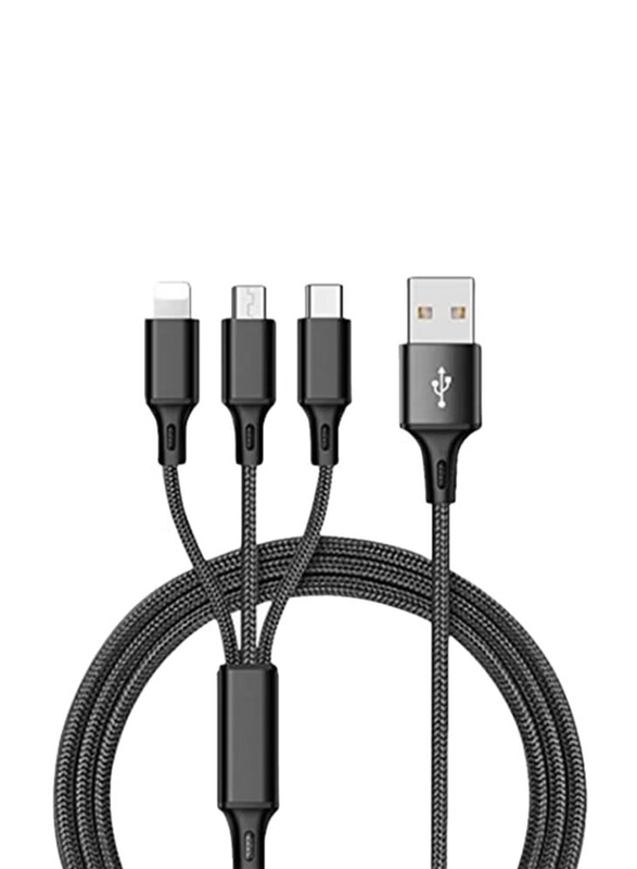 3-In-1 Data Sync And Charging Cable, USB Type A to Multiple Type, Black