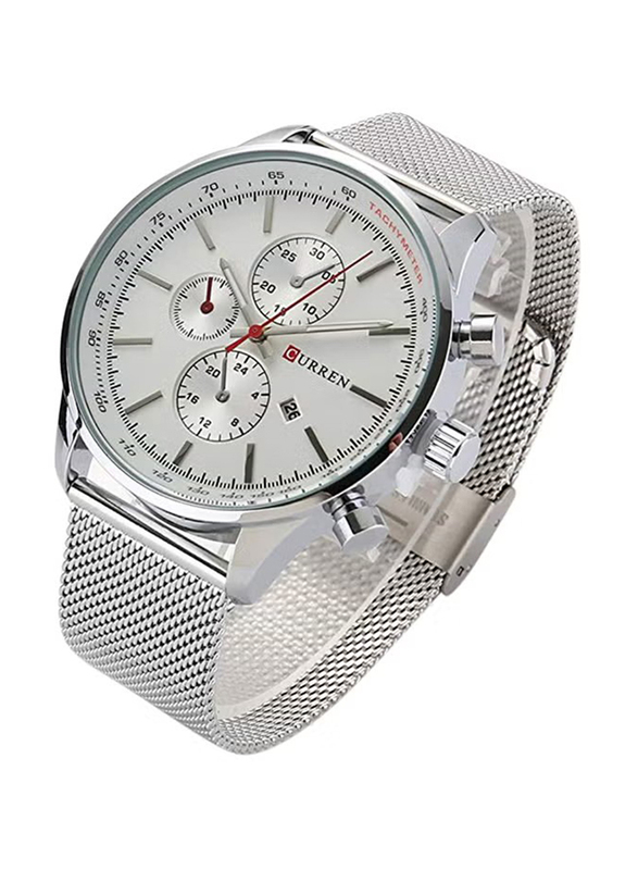 Curren Analog Watch for Men with Stainless Steel Band, Water Resistant and Chronograph, WT-CU-8227-W, Silver-White