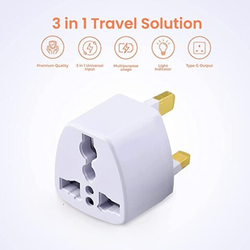 Universal Power Plug 3 Pin Travel Adapter, White