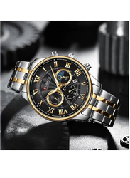 Curren New Fashion Casual Quartz Analog Watch for Men with Stainless Steel Band, Water Resistant and Chronograph, Silver-Gold