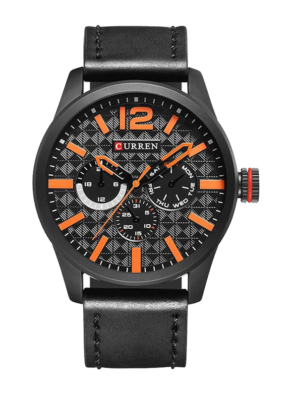 Curren Analog Watch for Men with Leather Band, Water Resistant & Chronograph, 8247, Black-Grey