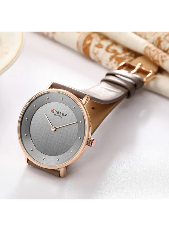 Curren Analog Watch for Girls with Leather Band, Water Resistant, C9033L-1, Beige-Grey
