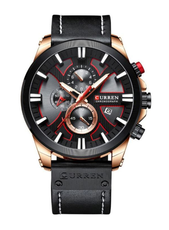 Curren Analog Watch for Men with Leather Band, Water Resistant and Chronography, J4115-4-KM, Black