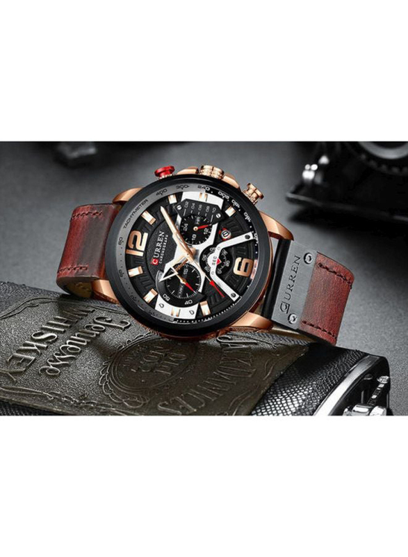 Curren Analog Unisex Watch with Leather Band, Water Resistant & Chronograph, J3813K-KM, Brown-Black