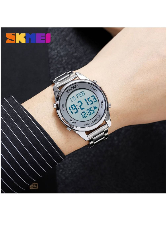 SKMEI Islamic Prayer Adhan Alarm Digital Wrist Watch for Men with Stainless Steel Band, Silver-Grey