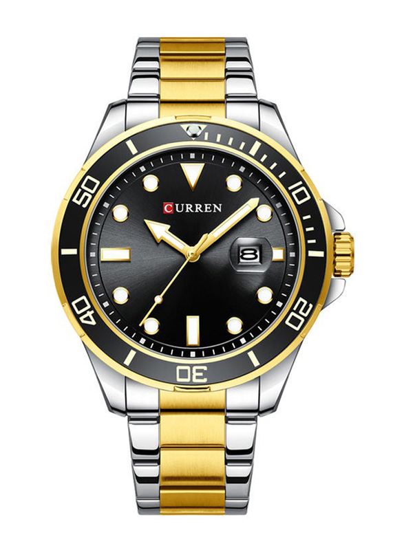 Curren Analog Watch for Men with Stainless Steel Band, Water Resistant, 8388, Black-Gold/Silver