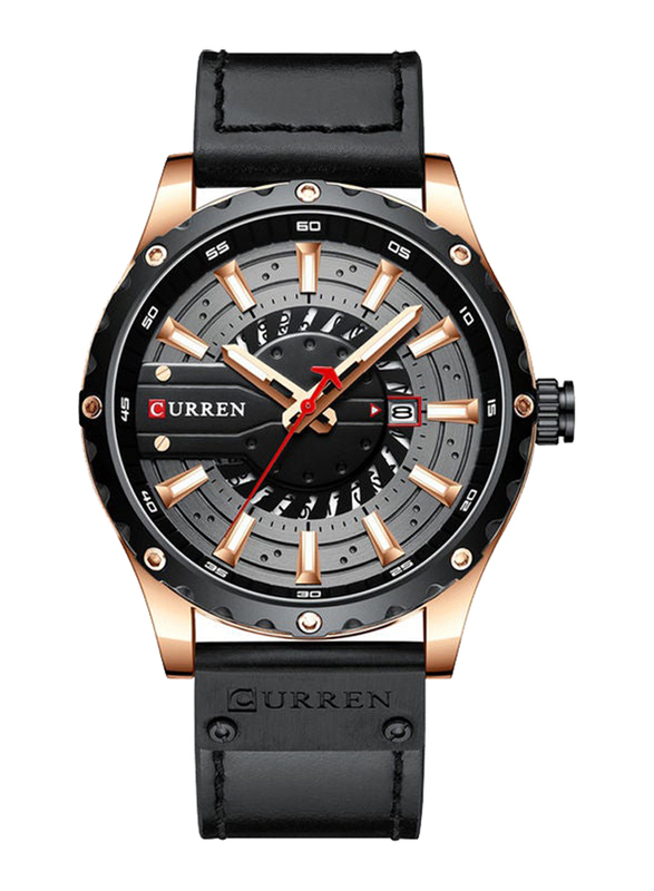 Curren Analog Watch for Men with Leather Band, Water Resistant, J-4746B-GY, Black-Grey/Black