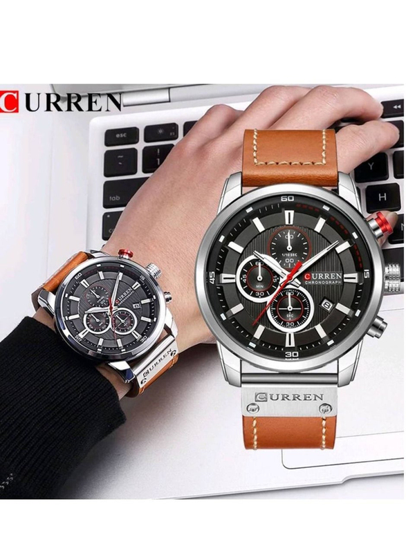 Curren Analog Stylish Watch for Men with Leather Band, Water Resistant and Chronograph, 8291, Brown-Black