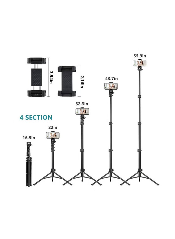 Universal Phone Clip Selfie Stick Tripod with Bluetooth Remote, Black