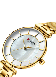 Curren Analog Wrist Watch for Women with Stainless Steel Band, Water Resistant, Gold-White