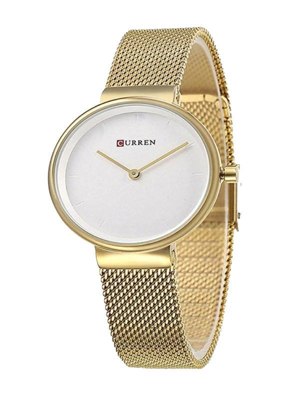 Curren Analog Watch for Women with Metal Band, Water Resistant, 9016, Gold-White