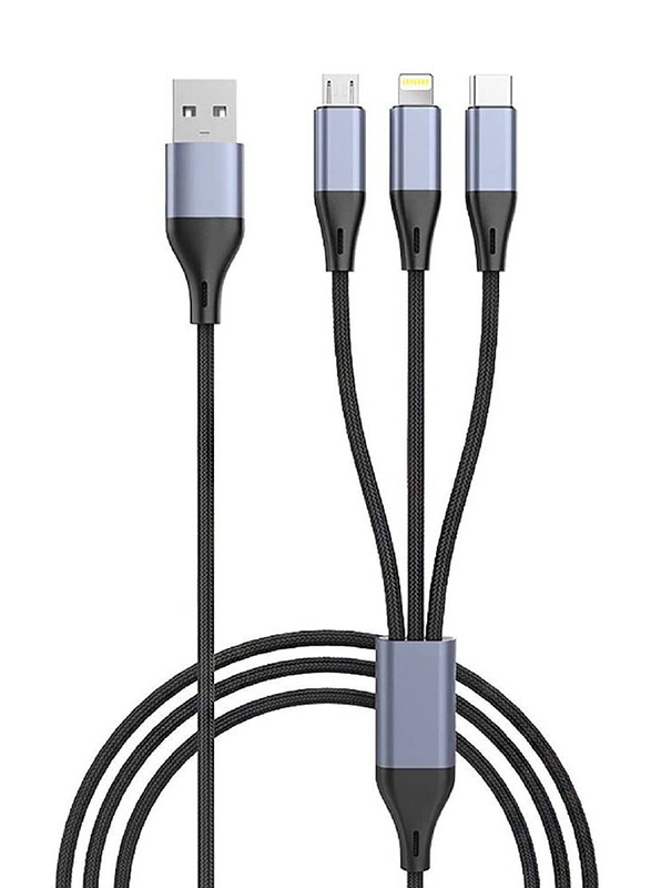 3-in-1 USB Phone Charger Cable, USB Type A to USB Type C/Micro USB/Lightning Connector, Black/Grey