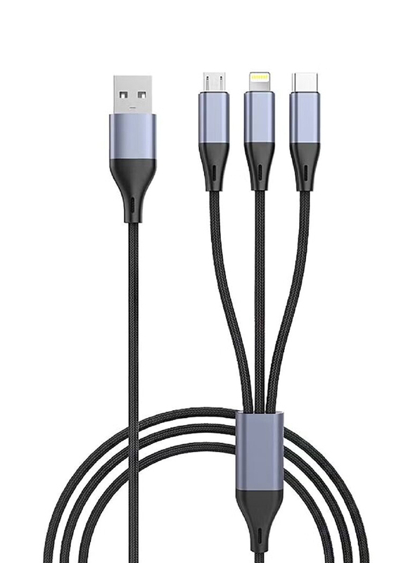 3-in-1 USB Phone Charger Cable, USB Type A to Multiple Type for Smartphones/Tablets, Grey/Black