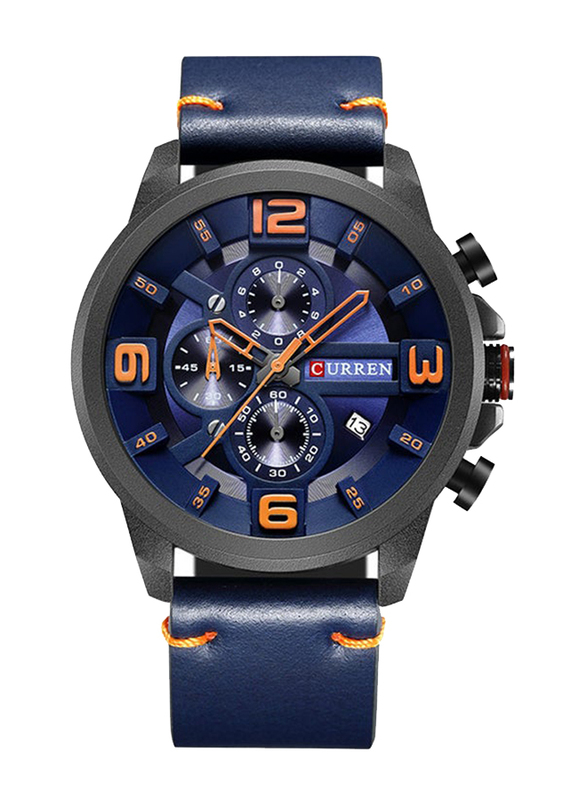 Curren Analog Watch for Men with Leather Band, Water Resistant & Chronograph, 8288, Blue