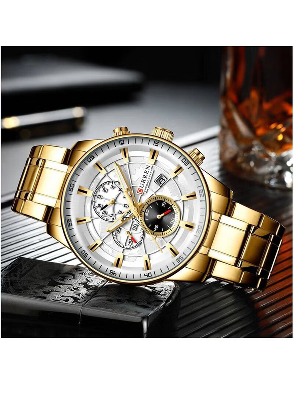Curren Analog Watch for Men with Stainless Steel Band, Water Resistant and Chronograph, 8362, Gold-White