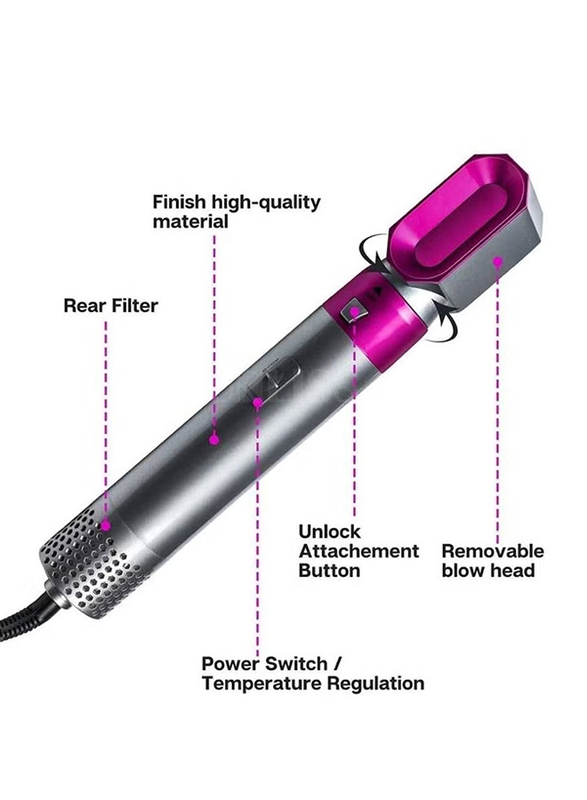 5 in 1 Hair Dryer Hot Air Brush Styler Negative Iron Hair Straightener Volumizer Hair Curler, Grey/Pink