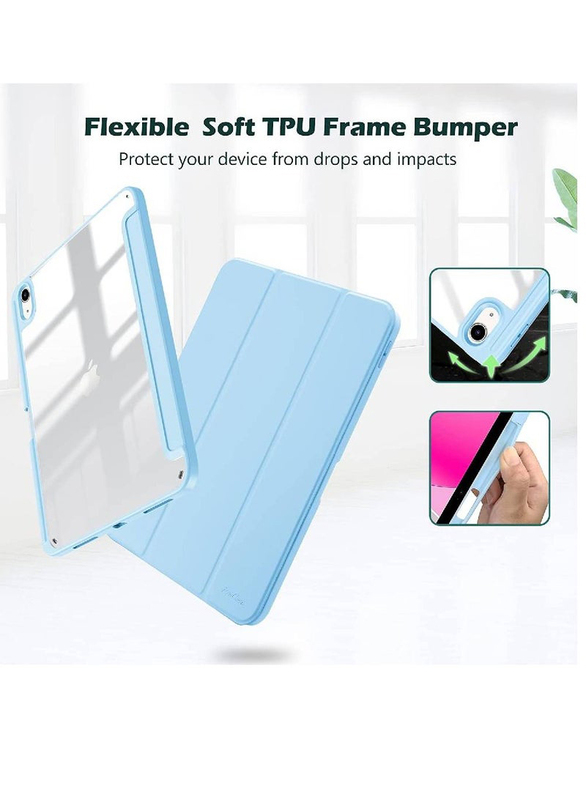 Hyx Apple iPad (10th Gen) 2022 Trifold Protective Shockproof Tablet Case Cover with Clear Transparent Back Shell & Pencil Holder, Sky Blue