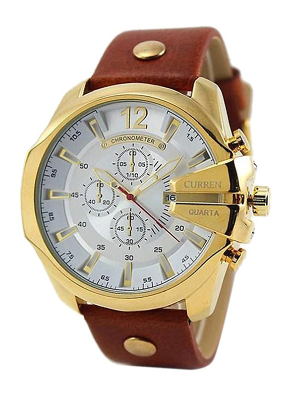 Curren Analog Watch for Men with Leather Band, Water Resistant & Chronograph, M8176, White-Brown