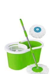 Spin Mop Bucket System 360 Spin Mop & Bucket Floor Cleaning Stainless Steel Mop Bucket with 2 Microfiber Replacement Head Refills, Green/White