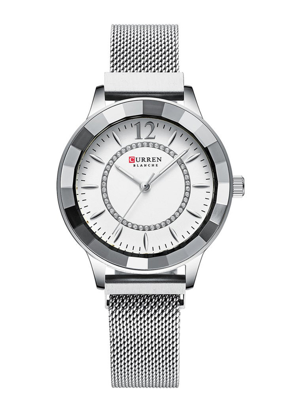 Curren Analog Watch for Women with Stainless Steel Band, Water Resistant, 9066, Silver-White