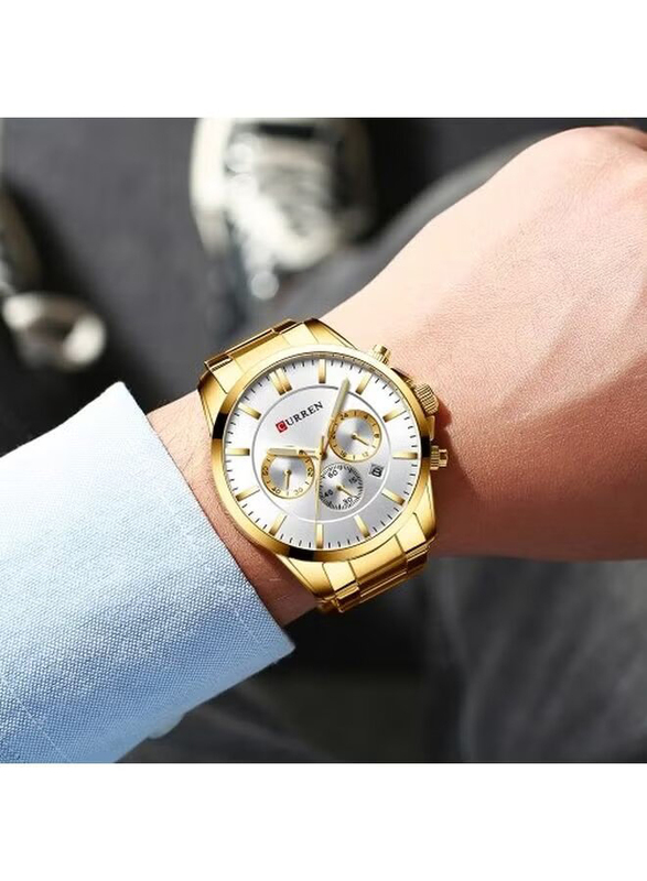 Curren Analog + Digital Watch for Men with Stainless Steel Band, Water Resistant and Chronograph, J4140G-KM, Gold-White