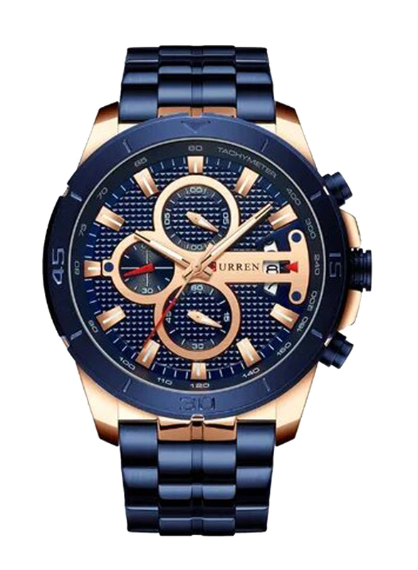 Curren Analog Unisex Watch with Stainless Steel Band, Chronograph, J3947BL-KM, Blue-Gold