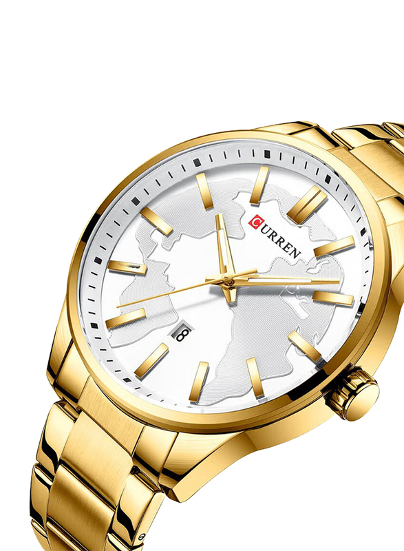 Curren Quartz Analog Watch for Men with Stainless Steel Band, Water Resistant, 8366, Gold-White