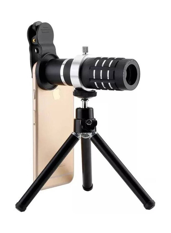 Android and iPhone Aluminium Cellphone Mobile Phone Lens 12X Zoom Telescope Camera Lens, Black