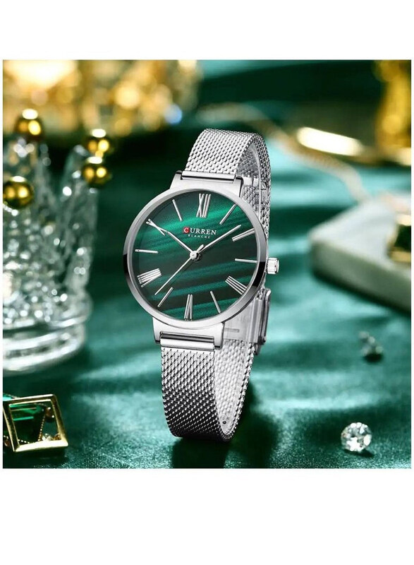 Curren Analog Watch for Women with Stainless Steel Band, Water Resistant, Silver-Green