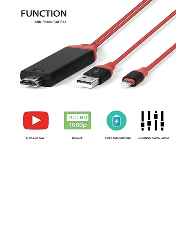 1080P HDMI Cable, Lightning to HDMI for Apple Devices, Red/Black