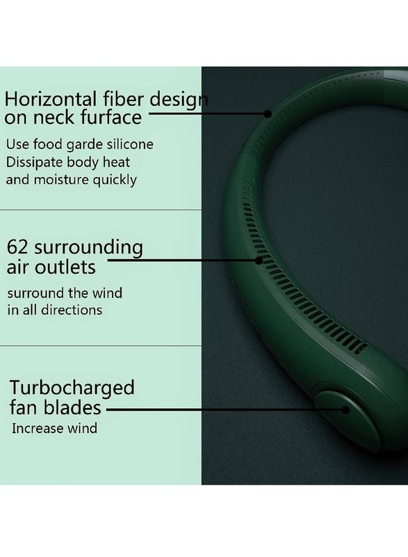 Portable Hands Free Bladeless 360° Cooling USB Neck Fan with 3 Wind Speed, Green