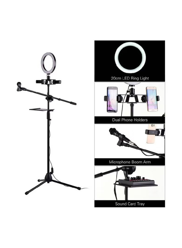 Dual Phone Holder LED Ring Light Kit with Metal Tripod Stand and Microphone Boom Arm Mic Clip, Black