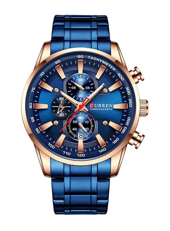 Curren Quartz Analog Watch for Men with Stainless Steel Band, Water Resistant and Chronograph, 8351, Blue-Rose Gold