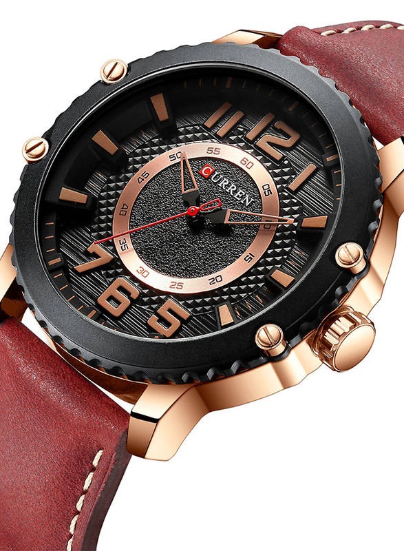 Curren Analog Watch for Men with Leather Band, Water Resistant, 8341-4, Black-Red