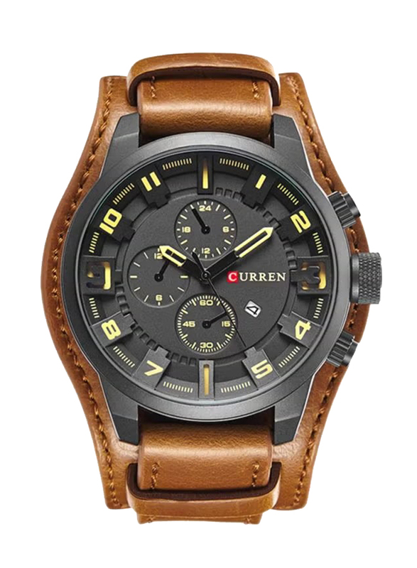 Curren Analog Watch for Men with Leather Band, Water Resistant and Chronograph, 8192, Brown-Black