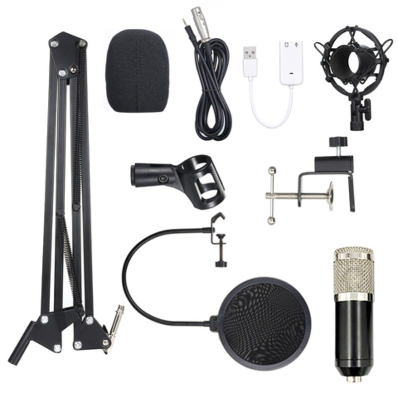 Condenser Microphone Lit Pro Audio Studio Recording & Brocasting Adjustable Mic Suspension Scissor Arm Pop Filter, BM800, Black/Silver