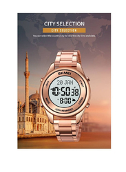 SKMEI Islamic Prayer Adhan Alarm Digital Wrist Watch for Men with Stainless Steel Band, Rose Gold-Grey