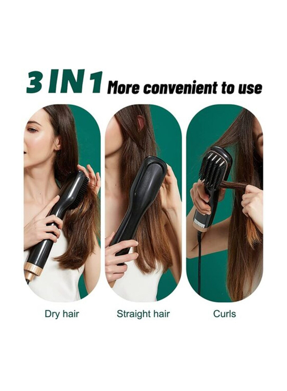 Premium 3-in-1 Hot Air Styler Comb Multi-functional Hair Dryer Hot Air Comb Styler and Volumizer Hair Straightener, Black/Gold