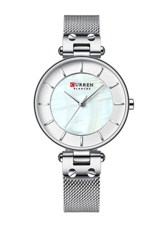 Curren Analog Wrist Watch for Women with Stainless Steel Band, Water Resistant, Silver-White