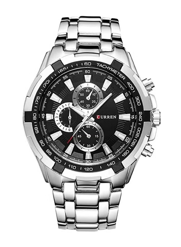 Curren New Fashion Casual Quartz Analog Watch for Men with Stainless Steel Band, Water Resistant and Chronograph, Silver-Black