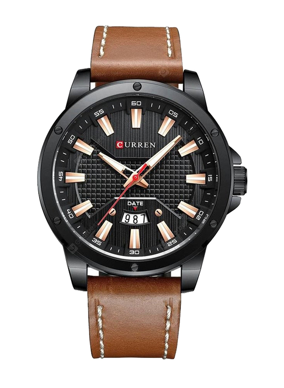 Curren Analog Watch for Men with Leather Band, Water Resistant, 8376, Brown-Black