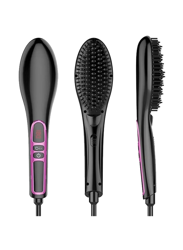 Electric Negative Ceramic Hair Straightener Brush with Adjustable Temperature, Black/Pink