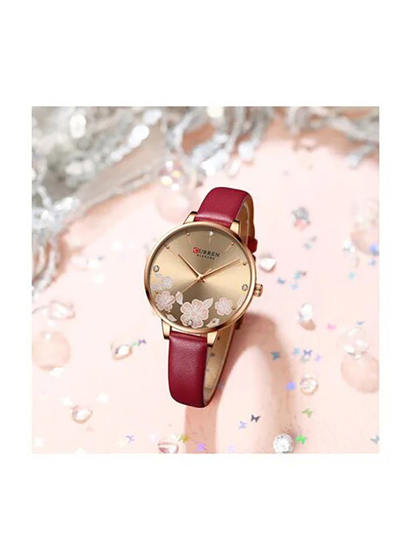 Curren Analog Watch for Women with Leather Band, Water Resistant, J-4896RO, Red-Gold