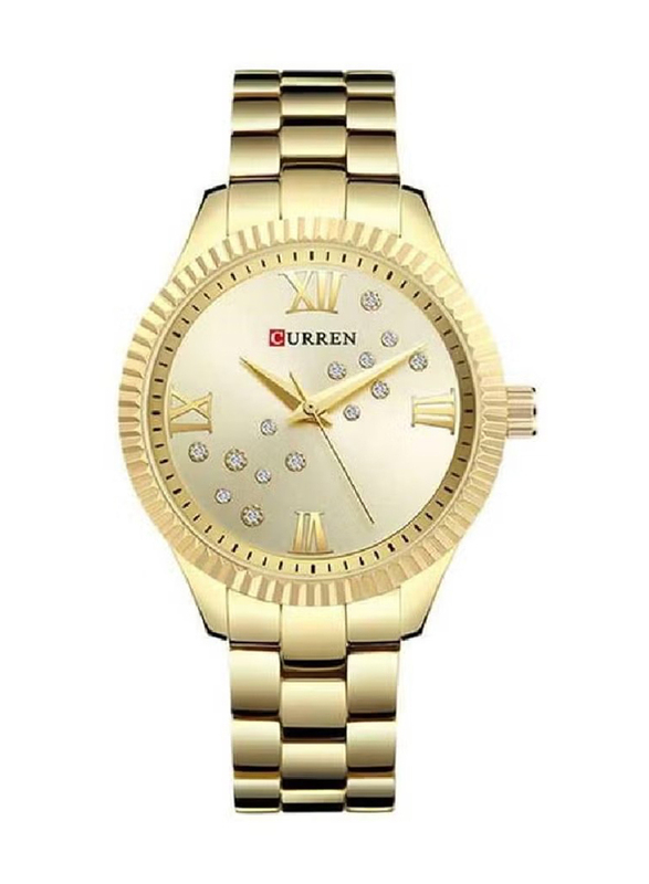 Curren New Fashion Quartz Movement Wrist Analog Watch for Women with Stainless Steel Band, Water Resistant, 9009, Gold-White