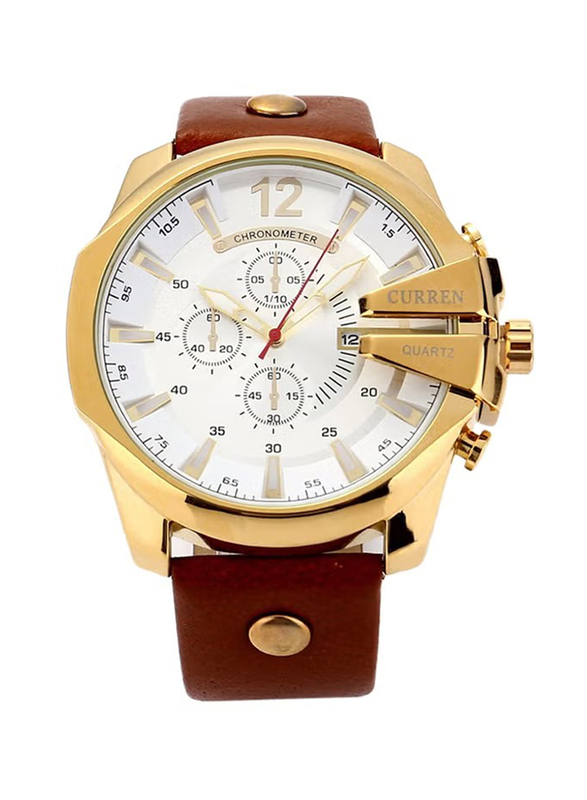 Curren Analog Watch for Men with Leather Band, Chronograph, WT-CU-8176-GO#D2, Brown-White