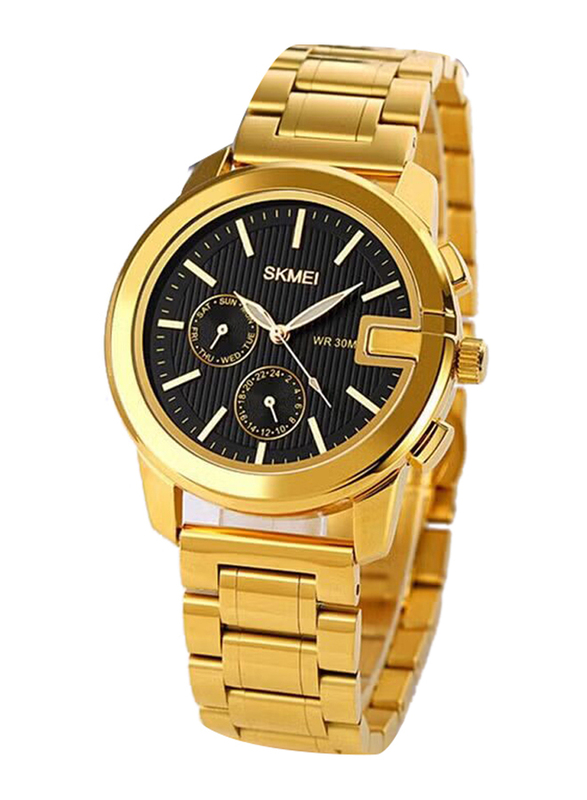 SKMEI Analog Watch for Men with Stainless Steel Band, Water Resistant and Chronograph, Gold-Black