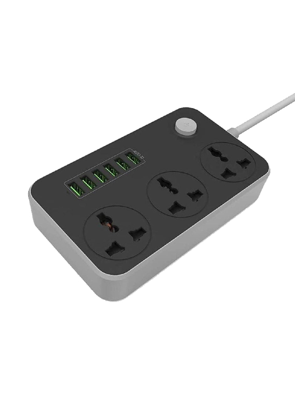 Universal Power Strips Wall Charger 3 Way Outlets & 6 USB Plug Ports, 2 Meters, Black/Grey